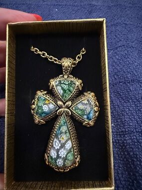 Gold-Tone Green Floral Cross Pendant Necklace